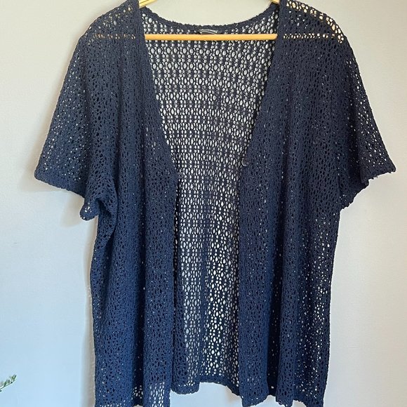 Navy Crochet Short Sleeve 1 Button Cardigan - Picture 7 of 12